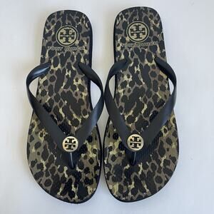 Tory Burch Black Leopard Print Flip Flops Gold Logo Thong Sandal Size 10